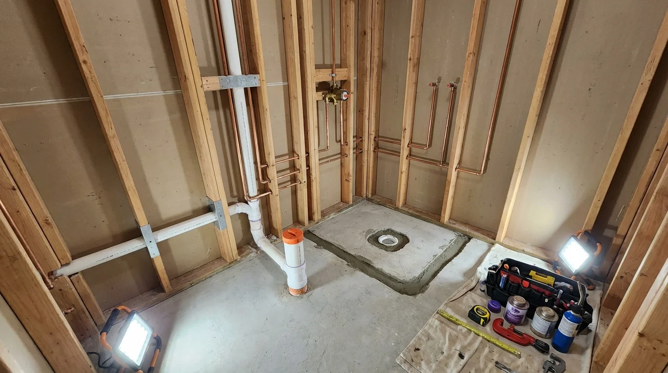 Bathroom rough-in plumbing during remodel by Johns Plumbing LLC in North Beach