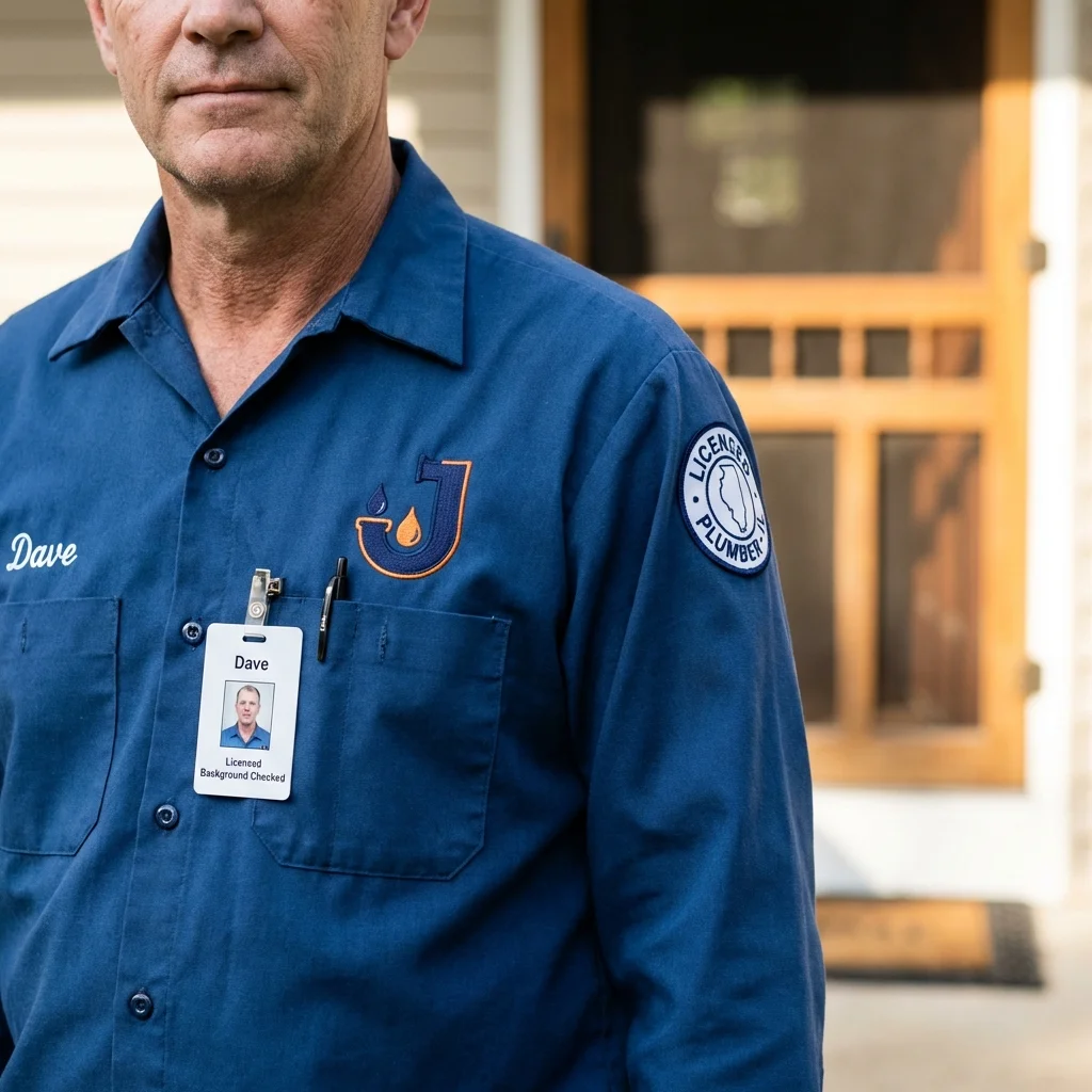 Licensed plumber showing ID badge in North Beach, MD