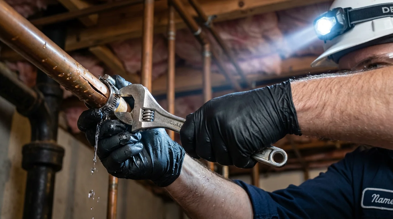 Emergency pipe clamp repair being performed by a Johns Plumbing LLC plumber in North Beach