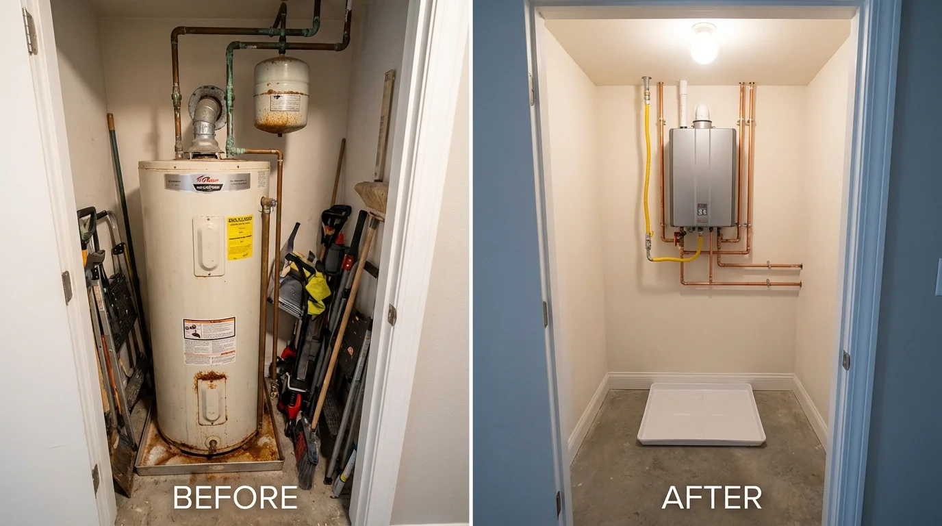 Tank water heater versus wall-mounted tankless unit comparison for North Beach, MD homeowners