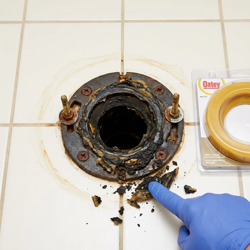 Failed wax ring showing water seepage at the base of a toilet in a North Beach, MD home