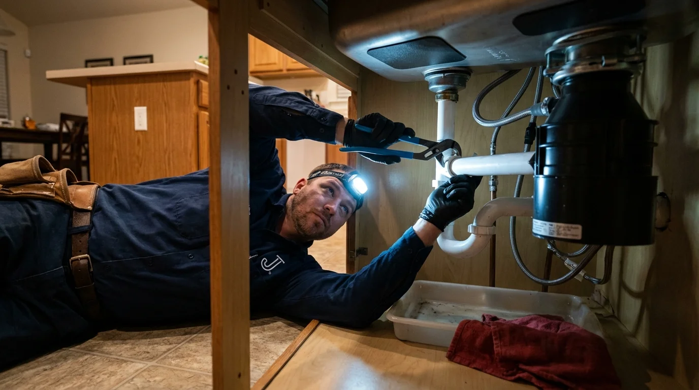 P-trap and supply line connections under a kitchen sink showing a common leak point in North Beach, MD